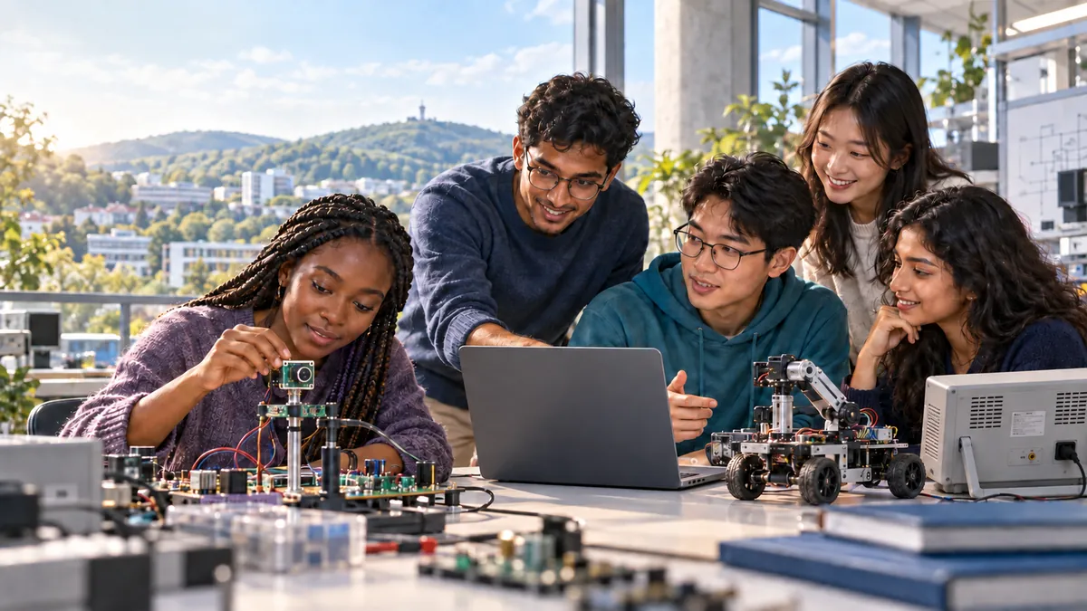 Illustration of international students collaborating on sensor systems and robotics in a university laboratory.