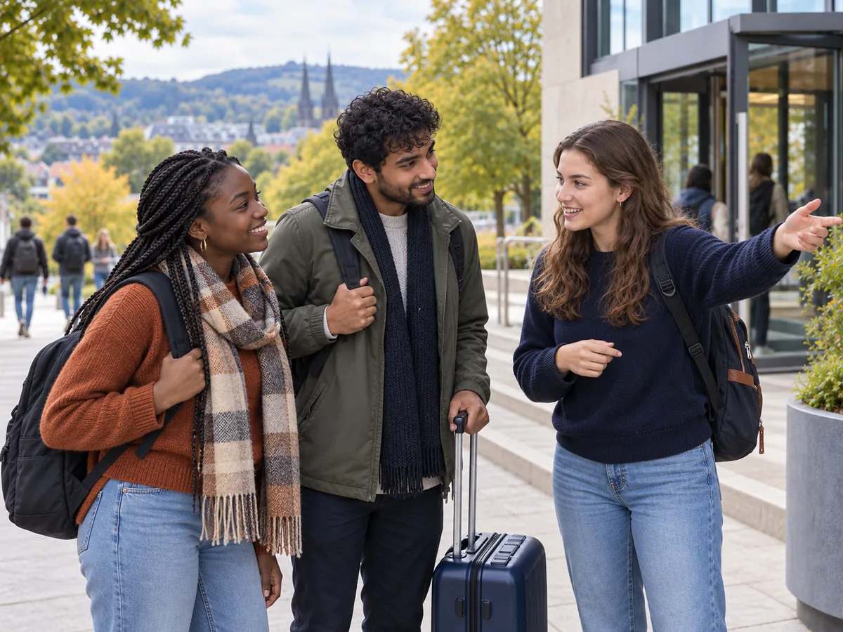 Two newly arrived international students speak with a peer mentor outside a university building, with luggage beside them.