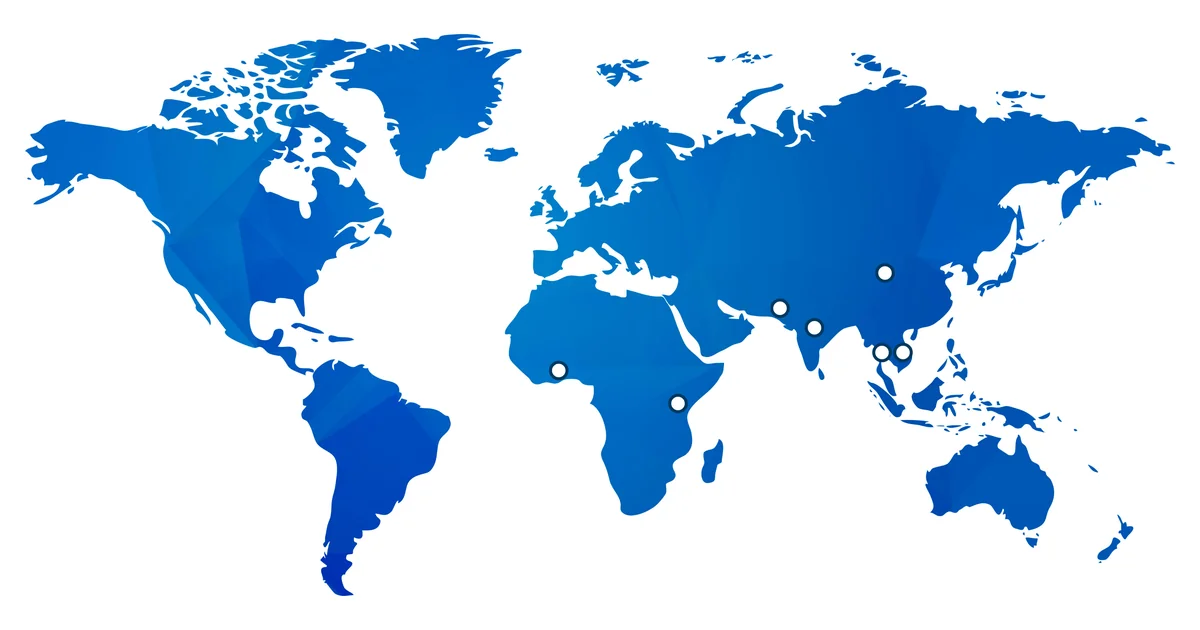 World map with dots marking China, Ghana, India, Kenya, Pakistan, Thailand and Vietnam.